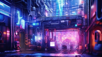 Cyberpunk style background design, featuring neon lights, futuristic buildings, and digital elements. Perfect for creative graphic design projects that need a sci-fi or dystopian vibe AI Generative
