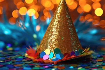 A close - up shot of a New Year's party hat with colorful sequins and a vibrant tassel. Generative AI