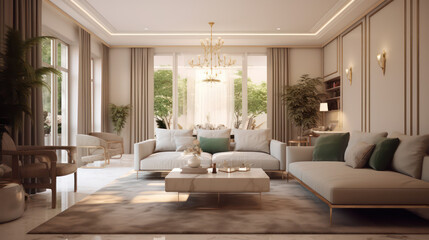 A gorgeous Digital Illustration of a spacious and stylish interior of a luxury home, with sophisticated furniture, trendy decorations, and lots of natural light AI Generative