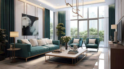 A splendid Digital Illustration of a spacious and stylish interior of a luxury home, with classy furniture, fashionable ornaments, and ample natural light AI Generative