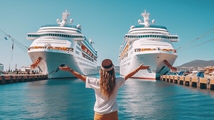 Back view of traveler girl with raised arms standing in front of big cruise liner Generative AI - obrazy, fototapety, plakaty