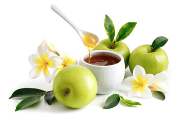 Green apples, honey and white-yellow frangipani flowers. Rosh hashanah concept