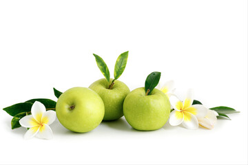Green apples and white-yellow frangipani flowers. Rosh hashanah concept