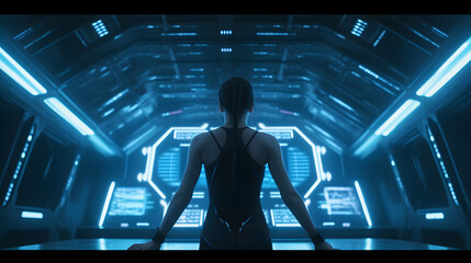 Figure of woman facing 3d holographic computer screen and technology control center. Blue hues. Internet, online, cyber, white collar, crime concept. Generative AI