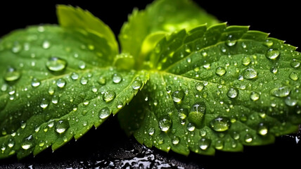 Mint leaves, water drops, super intricate details, Macro shot.