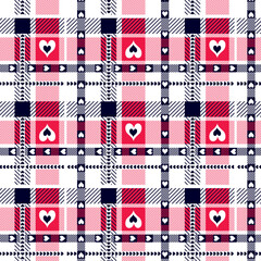 Plaid pattern with diagonal stripes surrounded by hearts