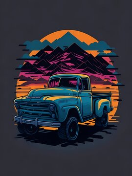 pick up truck, mountains, retro t-shirt design art