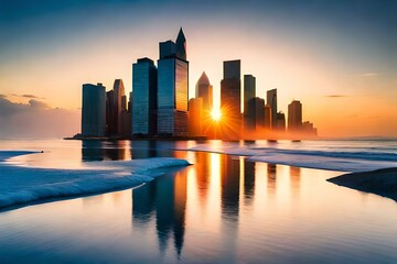 Fototapeta na wymiar city skyline at sunsetgenerated by AI technology 