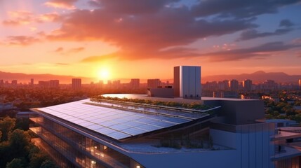 Fototapeta premium Solar panels installed on building roofs Panoramic view of the city at sunset Clean eco-electric power generation, renewable energy concept