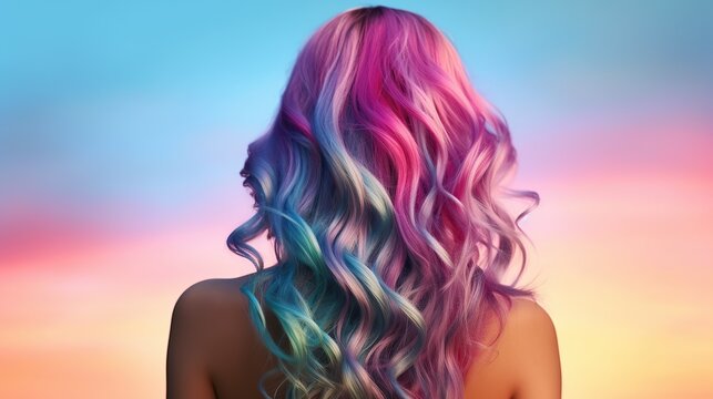 Beauty fashion woman with colorful blue, pink and violet dyed hair, view from back Generative AI