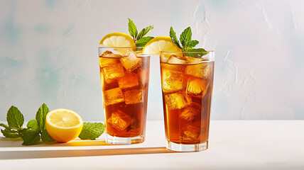 delicious alcoholic drink long island ice tee with ice and lemon .Generative AI