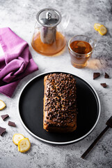 Banana bread with chocolate filling and chocolate drops on the top