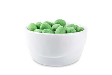 Wasabi peanuts in a bowl on a white isolated background