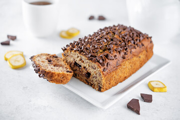 Banana bread with chocolate filling and chocolate drops on the top
