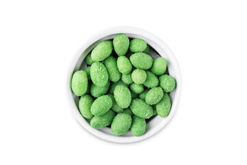 Wasabi peanuts in a bowl on a white isolated background
