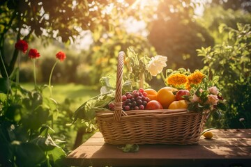 Obraz na płótnie Canvas Basket of fruits, Nature's Harvest: A Captivating Close-Up of Fresh Vegetables in a Basket, Bathed in Sunlight amidst a Flourishing Garden on a Serene Sunday Morning