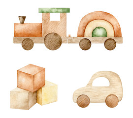 Set of wooden train, car and cubes. Welcome baby newborn. Nursery decor. Hand drawn watercolor illustration for poster, invitation, baby shower, tags, printing