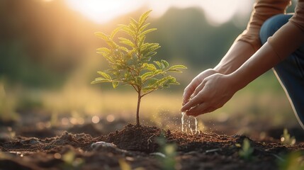 hands holding water and watering young tree to growing up Generative AI