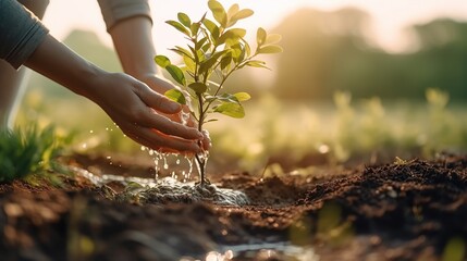 two hands holding water and watering young tree in park in sunset Generative AI