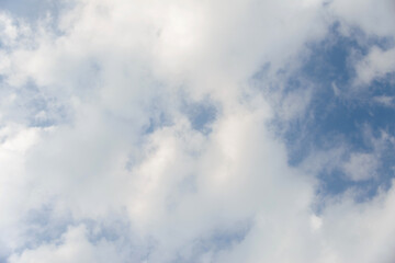 Scattered cloud clusters in a blue sky, blue sky background with white clouds.