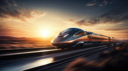 fast moving modern high speed train in flat landscape at sunset - generative ai