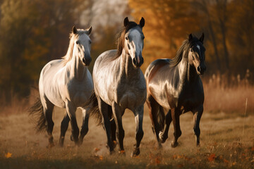 Fototapeta na wymiar horses running in the meadow at sunset with warm autumn colors - generative ai