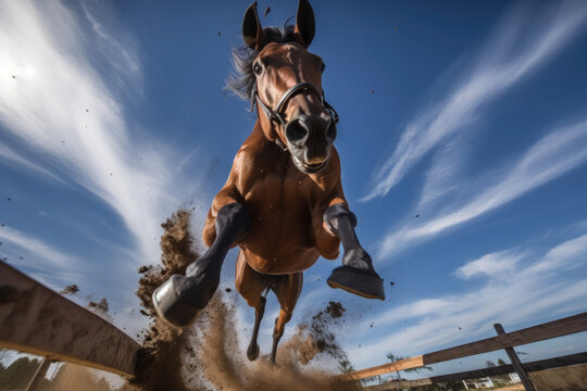 funny picture of horse jumping at camera - generative ai