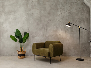 Minimalistic and luxury gray concrete home interior with green velvet design armchair, plant and...
