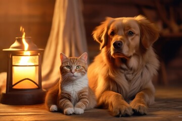 animals cat and dog look at the camera at home generative ai