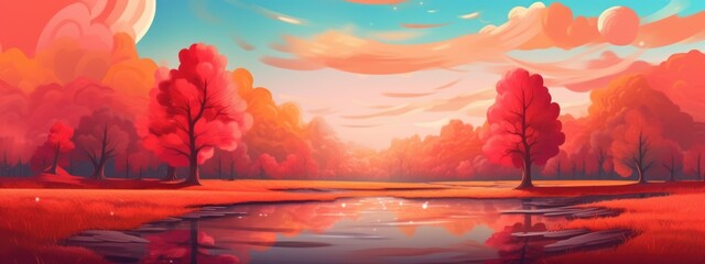 hand drawn autumn landscape banner 3d  Futuristic landscape. Digital landscape cyber surface. generative ai