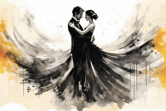 Graphic of Man and Woman in Elegant Waltz Dance. AI generative. Ink Painting in Black, White and Orange.