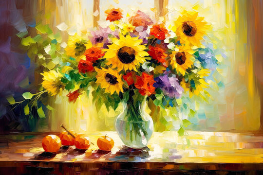 Bunch of Colorful Flowers Against Sunny Window Painting. AI generative. Canvas Texture.