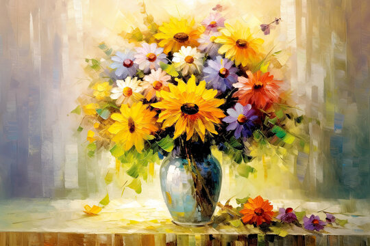 Bunch of Colorful Flowers in Vase Brush Strokes Painting. AI generative. Canvas Texture.