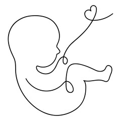 Vector illustration (sketch) in the form of one line without a background - a baby in the womb with an umbilical cord. The state of pregnancy, the emotion of motherhood and love for the child.