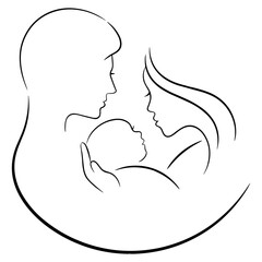 Vector schematic image - a family with a child (dad, mom and baby). Vector illustration (sketch) in the form of one line without background. The emotion of family warmth and love.