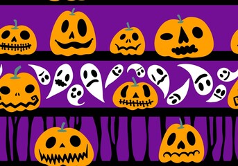 Halloween pumpkins seamless ghost and bones and cat pattern for wrapping paper and linens and fabrics