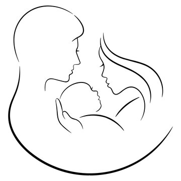 Vector schematic image - a family with a child (dad, mom and baby). Vector illustration (sketch) in the form of one line without background. The emotion of family warmth and love.