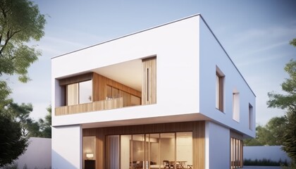 Modern house exterior minimal style with white concrete and wood.3d rendering