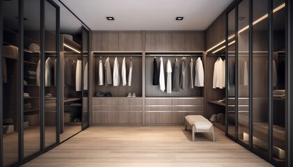 Modern style walk in closet.Dark tone.3d rendering