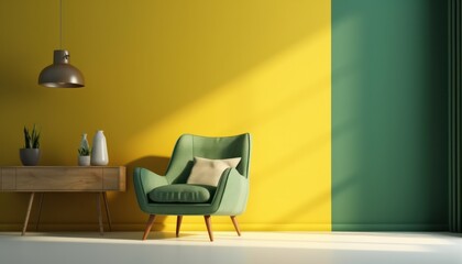 Mock up room in modern style with armchair,cabinet on yellow and green wall background.3d rendering