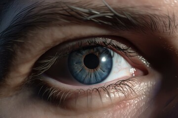 Fototapeta premium Close-up of a human's blue eye. Macro shot. Generative AI
