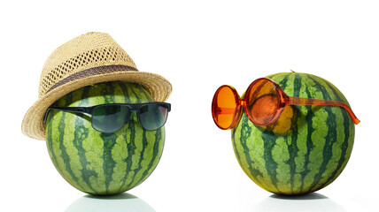 Watermelon with sunglasses and straw hat on white background
