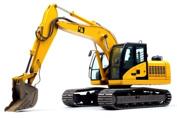 A close - up shot of a yellow excavator against isolated on a white background. Generative AI