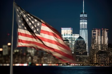 A close - up shot of an American flag gently waving in the foreground, with the iconic New York City skyline illuminated in the background. Generative AI