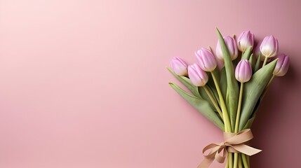 tulips with gift and ribbon on a pink background Generative AI