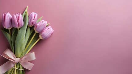 tulips with gift and ribbon on a pink background Generative AI