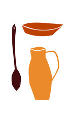 A set of kitchen utensils: a plate, a spoon, a jug. Vector, illustration, silhouette, pattern. Orange, brown on a white background. Cafe, restaurant, home, table setting. Eps10