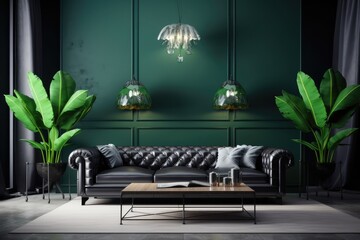 Interior of luxury living room with dark green walls, black leather sofa and green plants. Generative AI