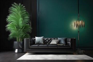 Modern interior of living room with black sofa and green wall. Generative AI