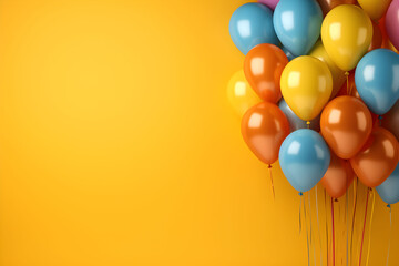 Colorful balloons bunch tied on a yellow wall background with copy space. Birthday, wedding, party or celebration concept. Generated AI.